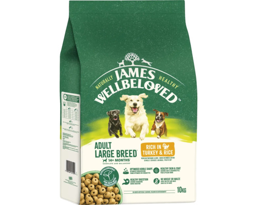 Hundefutter trocken JAMES WELLBELOVED™ Adult Large Breed Turkey & Rice 10 kg, für große Hunde, mit Truthahn, Reis, hypoallergen