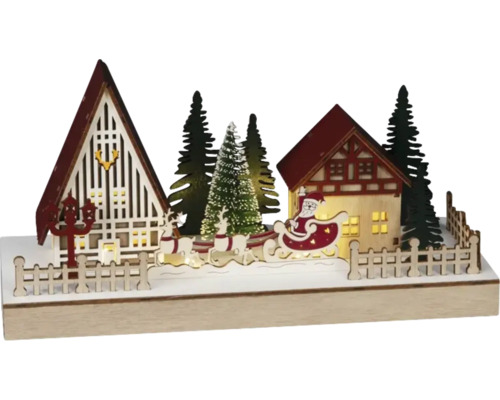 LED Szenerie Konstsmide Weihnachtsdorf H 13,6 cm 4 LEDs Lichtfarbe warmweiß batteriebetrieben inkl. 6 Stunden Timer Beleuchtete Weihnachtsdekoration mit Häusern, Tannenbäumen und Weihnachtsmann im Schlitten