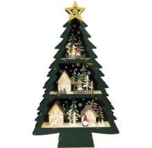 Dekorativer Weihnachtsbaum aus Holz mit Stern, Häusern und Figuren