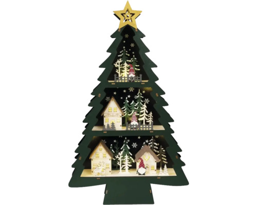 LED Szenerie Konstsmide Weihnachtsbaum mit Dorf H 55 cm 10 LEDs Lichtfarbe warmweiß batteriebetrieben inkl. 6 Stunden Timer Dekorativer Weihnachtsbaum aus Holz mit Stern, Häusern und Figuren