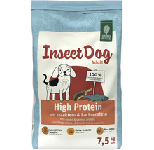 Verpackung von Green Petfood Insect Dog Adult Hundetrockenfutter mit Insekten- und Lachsprotein, getreidefreier Rezeptur und kleinen Kroketten in 7,5 Kilogramm Packung