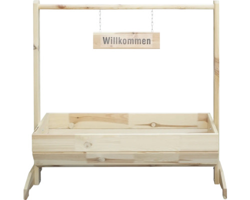 Holzkasten mit Aufhängung und Willkommen-Schild