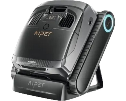 Aiper Scuba X1 Pro Poolroboter für Pools bis zu 200 m², kabellose Reinigung von Boden und Wänden und Wasserlinie, 25.000 l/h Durchflussrate, 180 Minuten Akkulaufzeit Aiper Logo auf einem Poolreinigungsroboter
