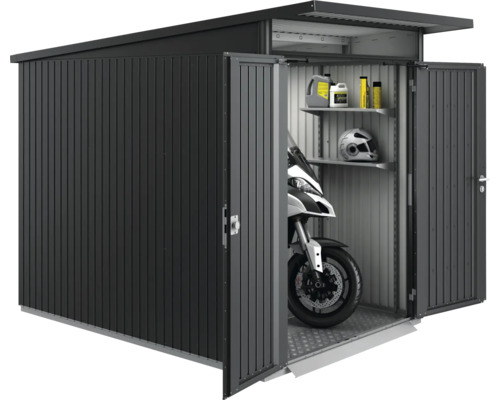Metall Gerätehaus mit geöffneten Türen, Motorrad, Regalen, Ölen und Helm