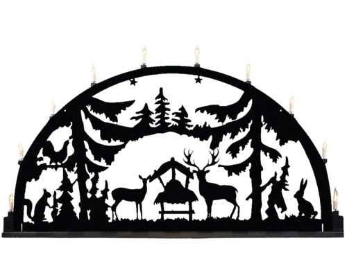 Schwarzer Schwibbogen mit Waldtiermotiven und Kerzen