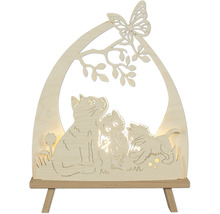 Dekorative Holzbogenlampe mit Katzenmotiv auf einem Sockel mit Stützen