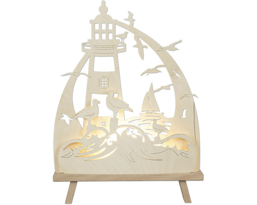LED Lichterspitze Saico Küstenliebe Lichtfarbe warmweiß Dekorative Holzleuchte mit Leuchtturm-, Möwen- und Segelbootmotiv