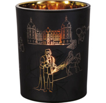 Windlicht aus Glas mit Schloss- und Figuren-Motiven