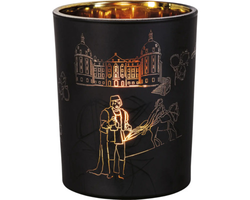 Windlicht aus Glas mit Schloss- und Figuren-Motiven