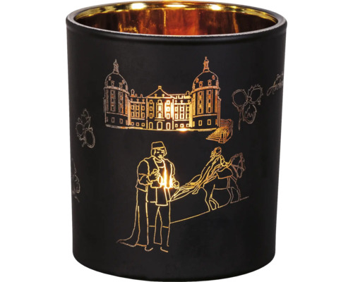 Teelichthalter mit Schlossmotiv und goldfarbener Innenseite