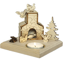 Teelichthalter mit Holzhaus, Tauben und Baum