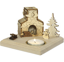 Teelichthalter mit Kamin, Weihnachtsbaum und Teddybär aus Holz