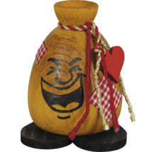 Dekorative Holzfigur mit lachendem Gesicht, Herz und Stoffflicken
