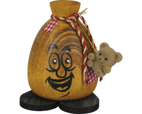 Räucherfigur Saico Alter-Sack Holz H 10 cm braun Holzfigur mit Gesicht, Teddybär und Dekoration