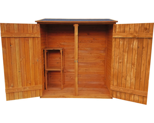 Offener Geräteschrank aus Holz mit Regal