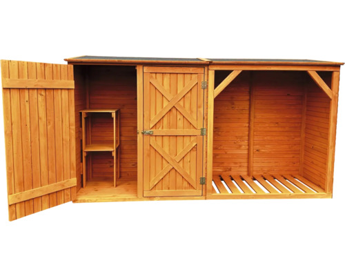 Holzschuppen mit Regalen und Holzlager