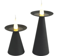 Zwei schwarze LED-Tischleuchten in Kegelform mit flackerndem Licht