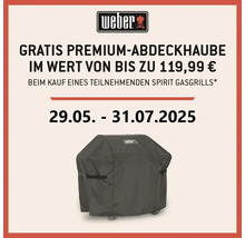 Weber Logo. Werbeaktion: Gratis Premium Abdeckhaube beim Kauf eines Spirit Gasgrills. Gültig vom 29.05. bis 31.07.2025.