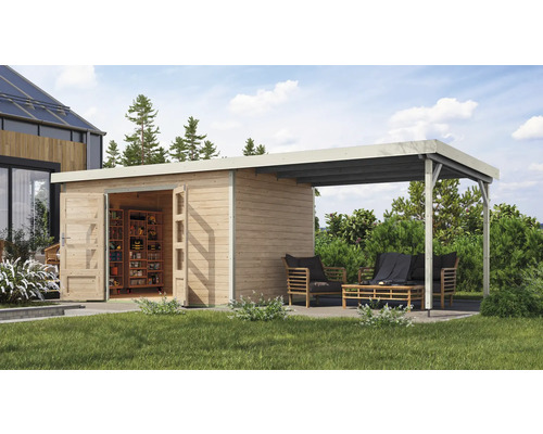 Gartenhaus Karibu Metalwood 2 7A Blech weiß inkl. Anbaudach 3 m 692,5 x 273 cm natur Holzgartenhaus mit Carport und geöffneten Türen, im Garten mit Rasenfläche