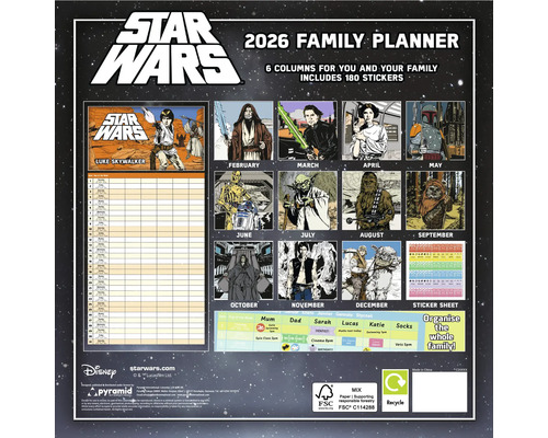Star Wars Familienplaner für 2026 mit sechs Spalten und 180 Aufklebern