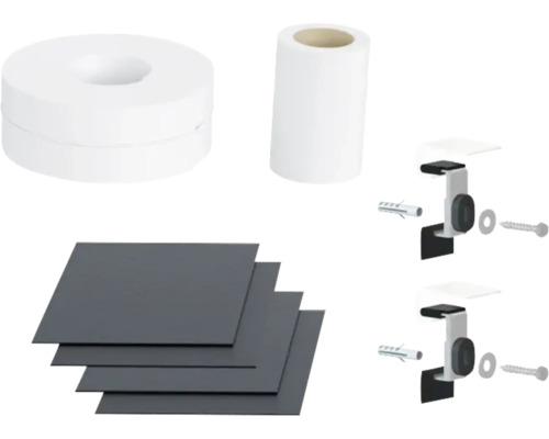 Befestigungsmaterialien für ein Waschbecken inklusive Abdeckung, Papierrollenhalter und Dichtungsplatten