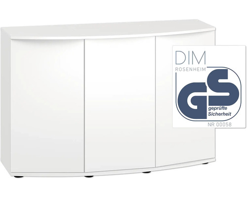 Weißer Aquarienschrank mit drei Türen und DIM Rosenheim GS Zeichen für geprüfte Sicherheit