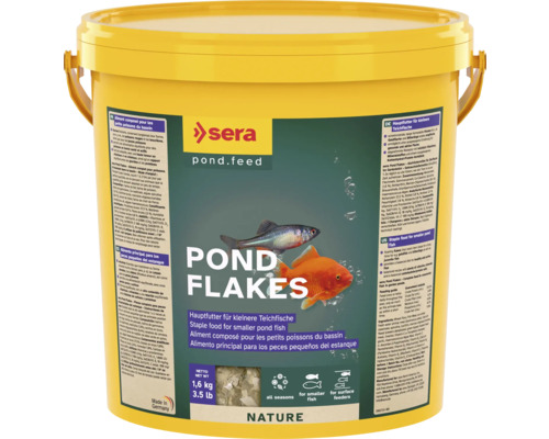 Teichfischfutter sera Pond Flakes 10 L (1,6 kg) Flockenfutter Sera Pond Flakes Fischfutter für kleinere Teichfische in gelbem Eimer