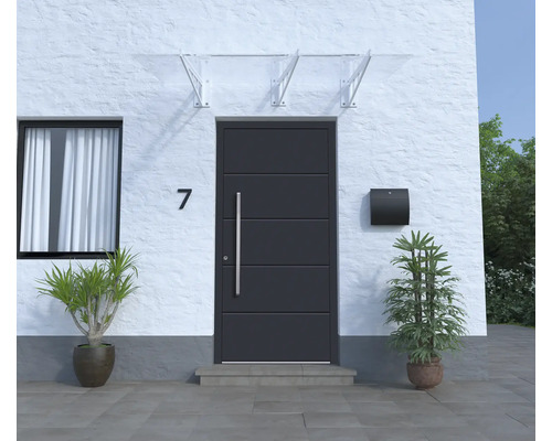 Hausfassade mit Haustür, Briefkasten und Pflanzenkübeln