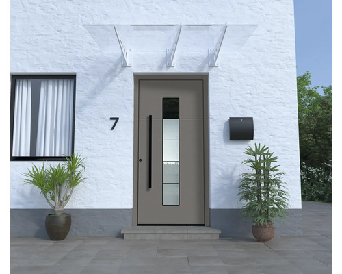 Hauseingang mit Haustür, Briefkasten, Vordach und Topfpflanzen vor weißer Fassade