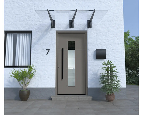 Fassade eines Hauses mit Haustür, Briefkasten und Vordach