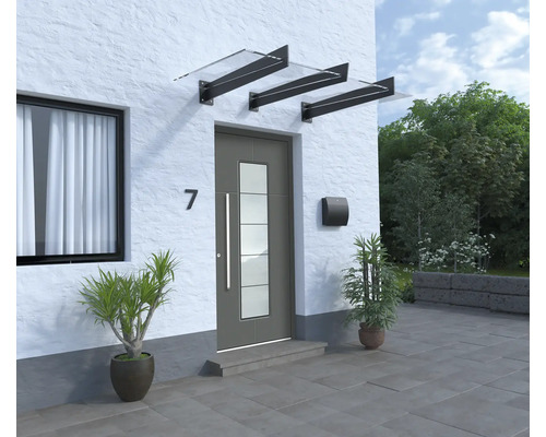 Eingangsbereich eines Hauses mit Haustür, Vordach und Pflanzen
