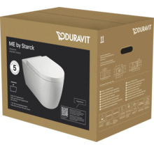 Kartonverpackung für Duravit ME by Starck Wand-Toilette Set mit HygieneFlush, Sitz mit Absenkautomatik, technischen Details und Duravit Logo.