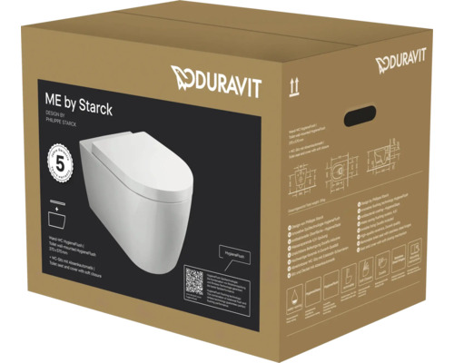Kartonverpackung für Duravit ME by Starck Wand-Toilette Set mit HygieneFlush, Sitz mit Absenkautomatik, technischen Details und Duravit Logo.