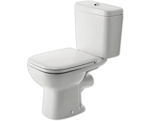 Stand-WC-Kombination aus weißer Keramik inklusive Spülkasten und WC-Sitz.
