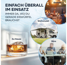Eiswürfel überall einsetzbar: zu Hause, im Garten, im Wohnmobil und im Büro.