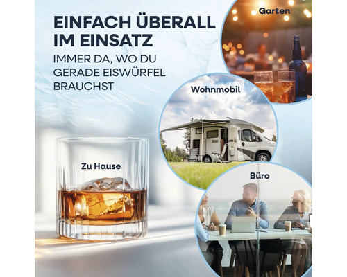 Eiswürfel überall einsetzbar: zu Hause, im Garten, im Wohnmobil und im Büro.