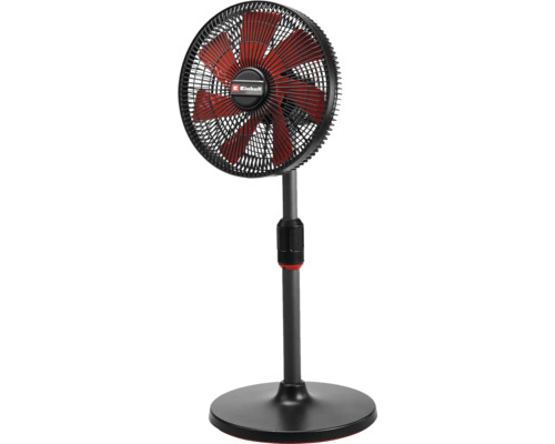 Standventilator mit roten Rotorblättern und schwarzem Schutzgitter