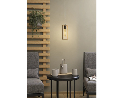 Szene mit Hängelampe, Tisch und Stühlen in einem Wohnraum.