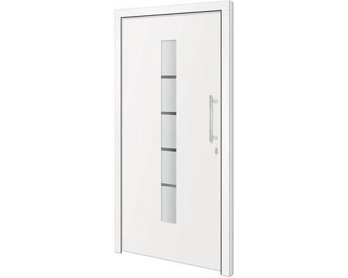 Weiße Haustür mit Glaseinsatz und Edelstahlgriff