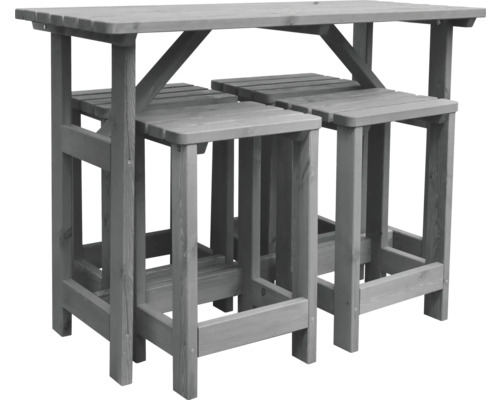 Grauer Bartisch mit zwei Barhockern aus Holz