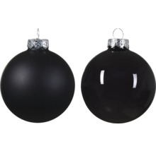 Zwei schwarze Weihnachtskugeln mit silberfarbener Aufhängung