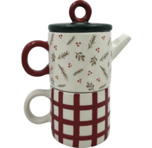 Teekanne mit Tasse, mit kariertem Muster und Pflanzenmotiven