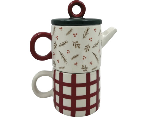 Teekanne mit Tasse, mit kariertem Muster und Pflanzenmotiven