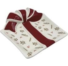 Dekorative Schale in Geschenkform mit Schleife und weihnachtlichem Muster
