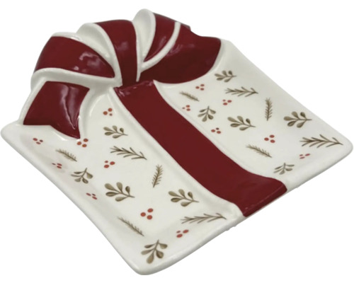 Dekorative Schale in Geschenkform mit Schleife und weihnachtlichem Muster