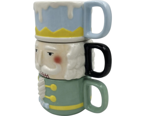 Drei gestapelte Tassen mit Nussknacker-Design