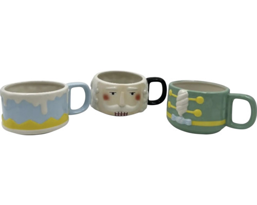 Drei dekorative Kaffeetassen mit verschiedenen Motiven