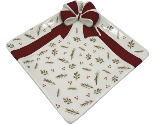 Quadratische Porzellanplatte mit Geschenkband- und Schleifenmotiv