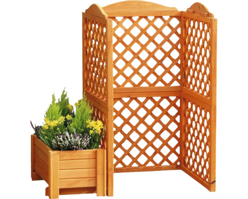 Holzzaun mit Pflanzkasten und Blumen