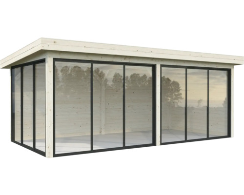 Pavillon Palmako Lenna Slide 16,6 m² Set 402 588 x 300 cm tauchimprägniert Modernes Gartenhaus mit Glasfront und Flachdach.